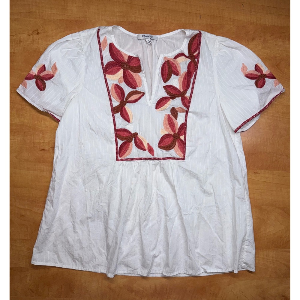 Madewell Womens White Embroidered Floral Split Neck Cotton Blouse Top Small‎